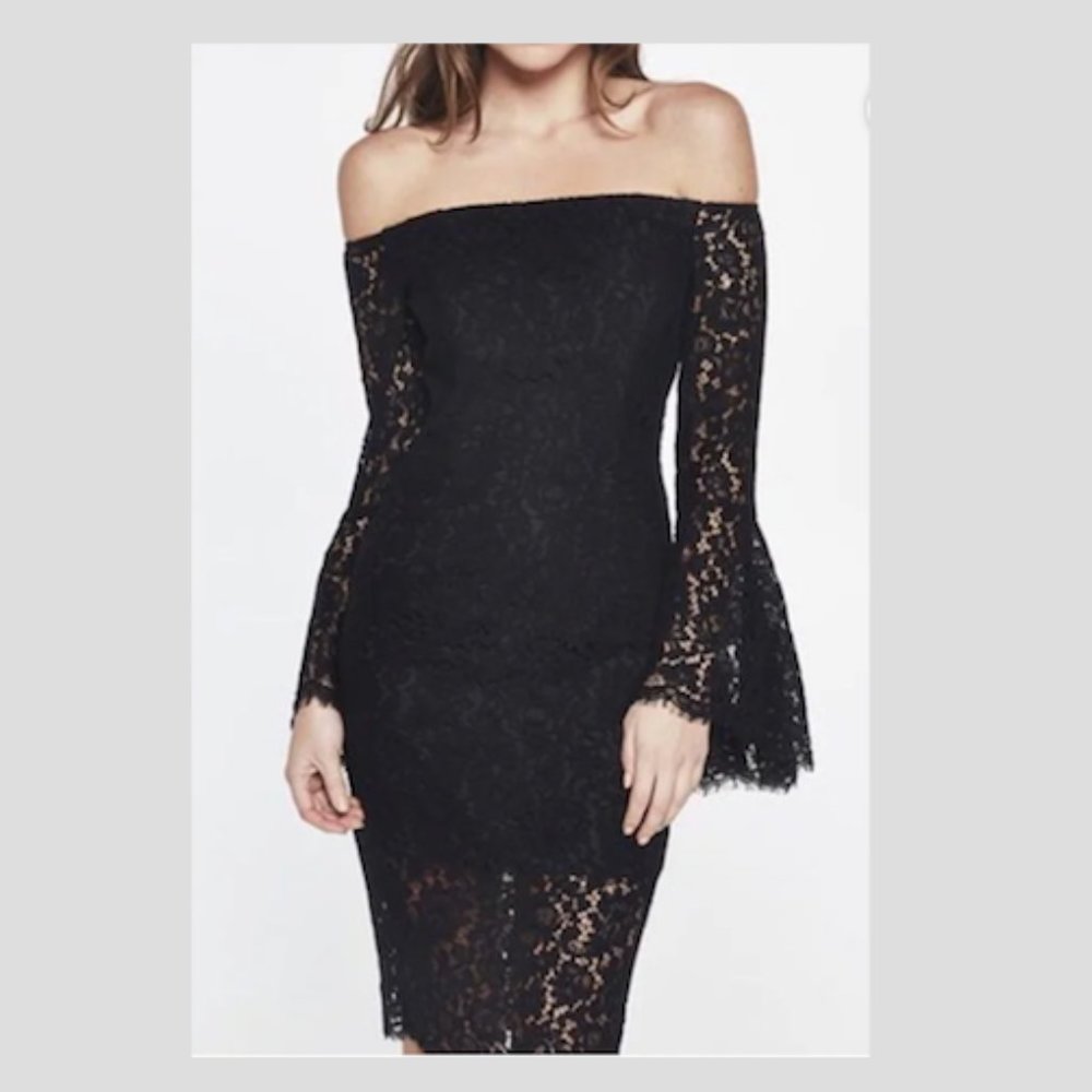 Nordstrom's Black Lace Off-the-Shoulder Flared Sleeve Dress (Size: 6)